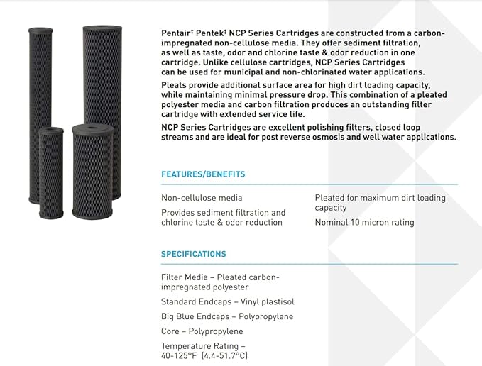 Pentair Pentek NCP-20BB Big Blue Carbon Water Filter, 20-Inch, Whole House Non-Cellulose Carbon Impregnated Pleated Filter Cartridge, 20" x 4.5", 10 Micron, Pack of 6, Gray