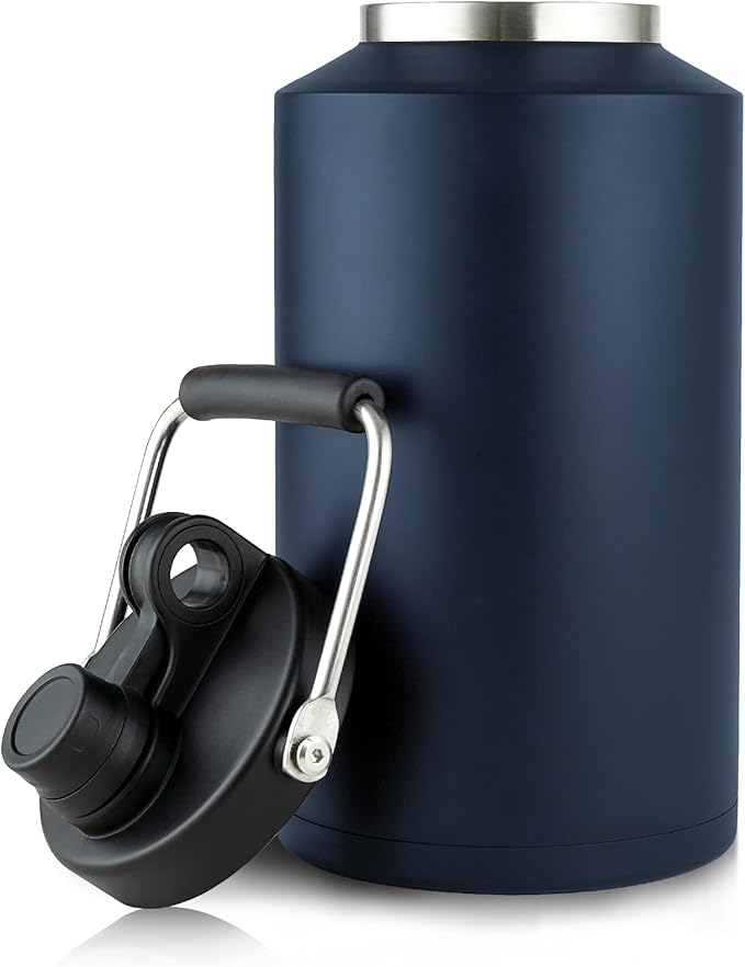 1 Gallon Water Bottle Insulated Stainless Steel Keeps Ice 48Hr, Large Water Gallon Jug Wide Mouth Leakproof Vacuum for Gym, Camping, & Construction Navy Blue