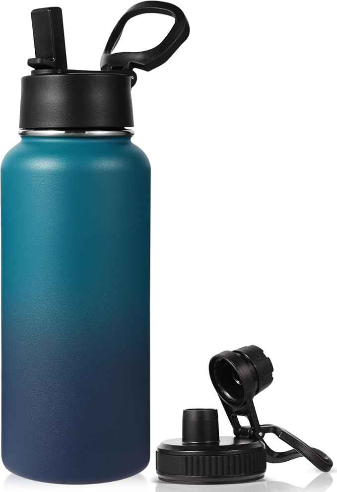 Neihepal 32 oz Insulated Water Bottle with 2 Lids (Straw & Spout Lid), 18/8 Stainless Steel Double Wall Water Bottles for Gym, Travel, Camping, Sports (Dark Night,1 Pack)
