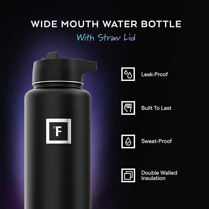 IRON °FLASK Camping & Hiking Hydration Flask with Straw, Wide Mouth Insulated Stainless Steel Sports Water Bottle - Dream Sunset 40 oz - Straw (1 Lid)