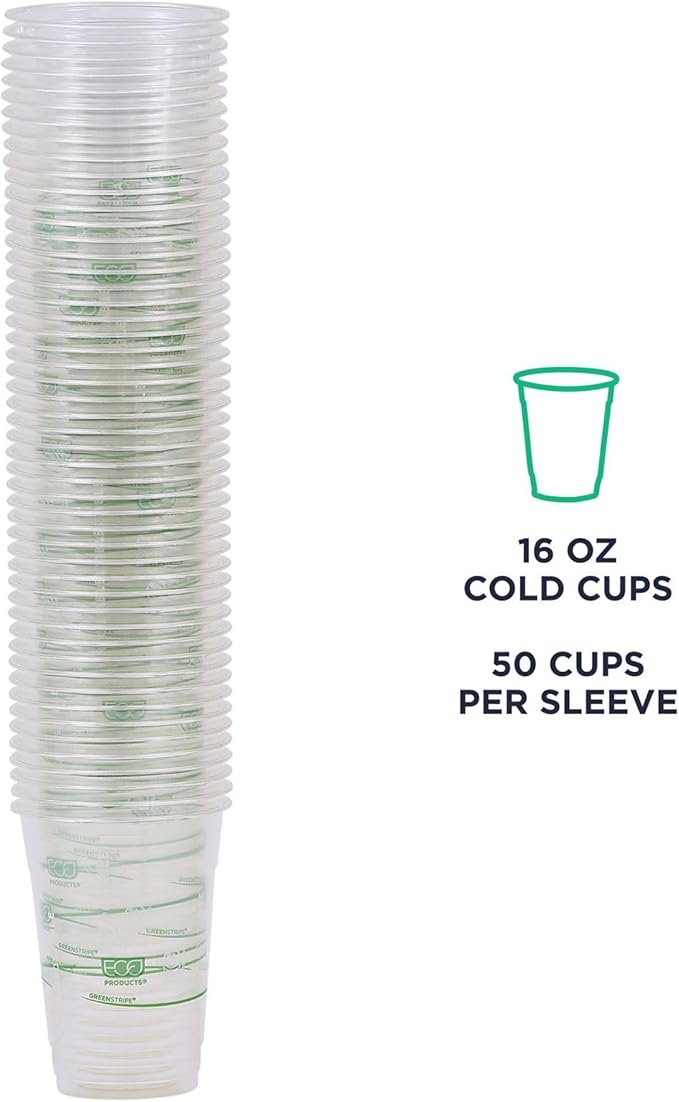 ECO PRODUCTS GreenStripe Clear Compostable 16oz PLA Plastic Cups, Pack of 50, Disposable Renewable Plant-Based Cold Cups, For Cold Drinks & Snacks, BPI Certified, ASTM Compliant.