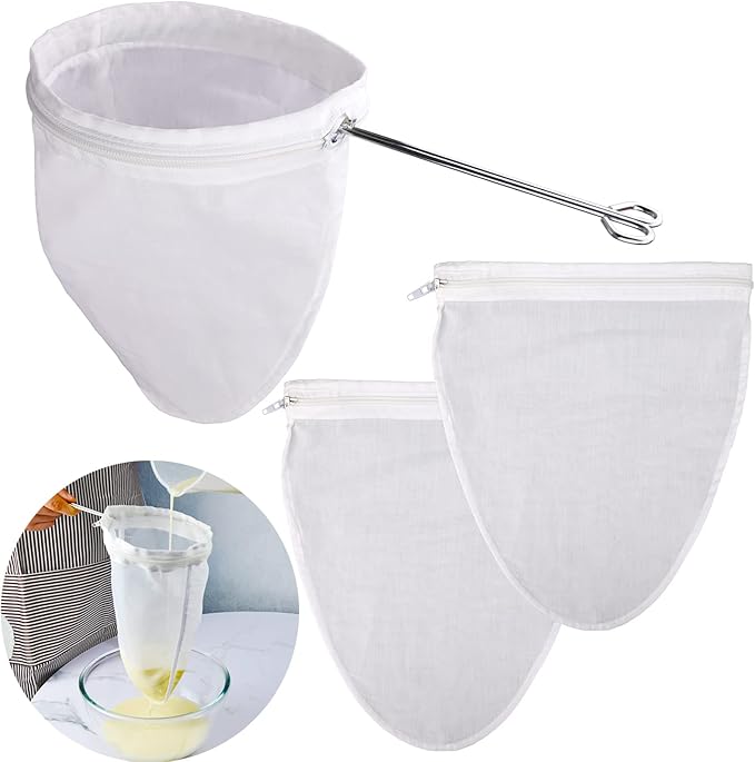 WMKGG Ultra Fine Mesh Strainer Bags, Reusable Mesh Filter Bags with Stainless Steel Handle Frame for Filter NutMilk, Coffee, Milk, Butter, Juices and Fresh Cheese (Medium Size)(7.5