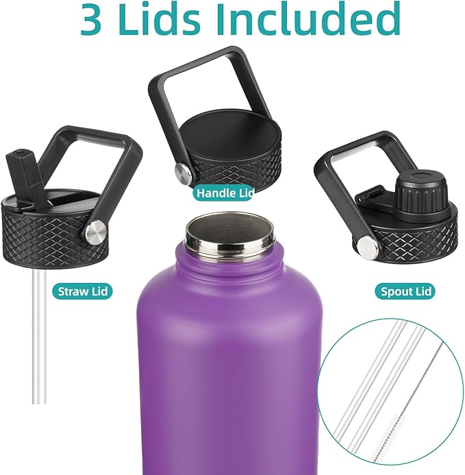 Insulated Water Bottle with Straw,50 oz 3 Lids Water Jug with Carrying Bag,Paracord Handle,Double Wall Vacuum Stainless Steel Metal Flask,Purple