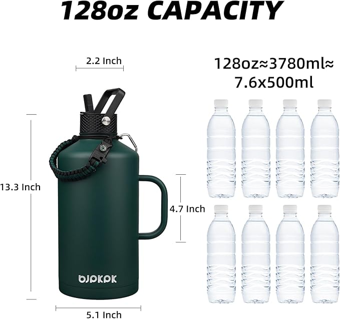 BJPKPK 1 Gallon Water Bottle Insulated with Straw Lid, 128oz Large, Stainless Steel Water Bottles with 3 Lids and Paracord Strap, Double Wall Vacuum Metal Water Jug,Army Green