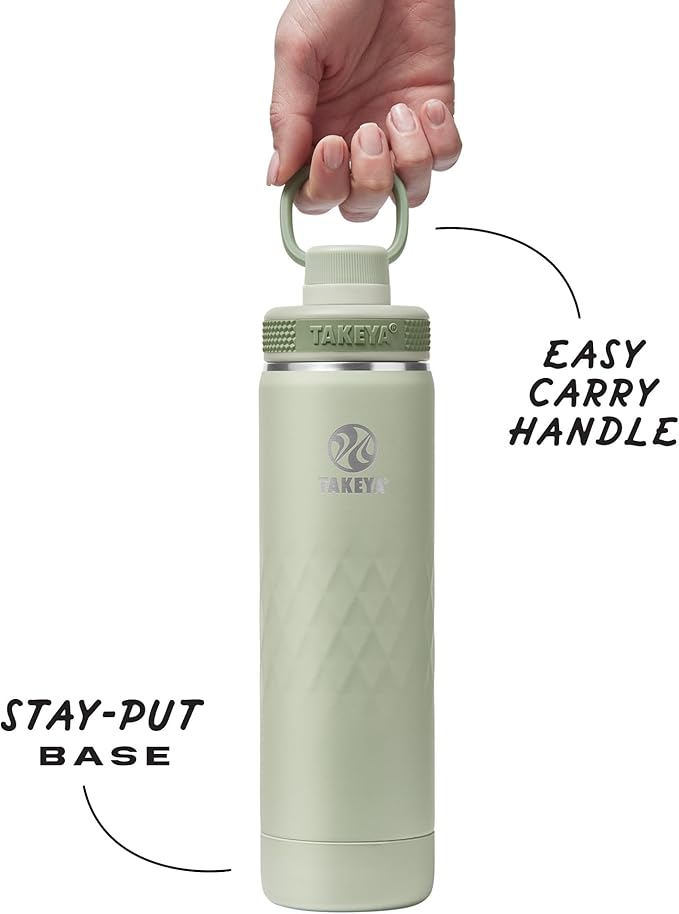 Takeya Sport 22 oz Triple-Insulated Stainless Steel Water Bottle, Spout Lid – Leakproof, Sweatproof, BPA-Free, Keeps Drinks Cold 36 Hrs, Hot 14 Hrs – Eucalyptus