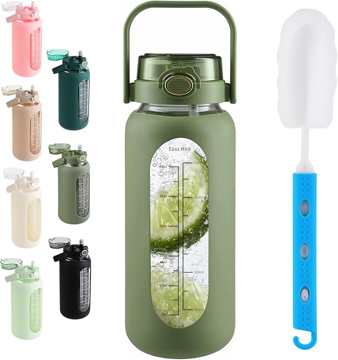 SIEROZUR 64 oz Glass Water Bottle with Straw and Handle Lid Half Gallon Motivational Glass Bottle with Silicone Sleeve and Time Marker Large Reusable Sports Water Jug for Gym Home Workout