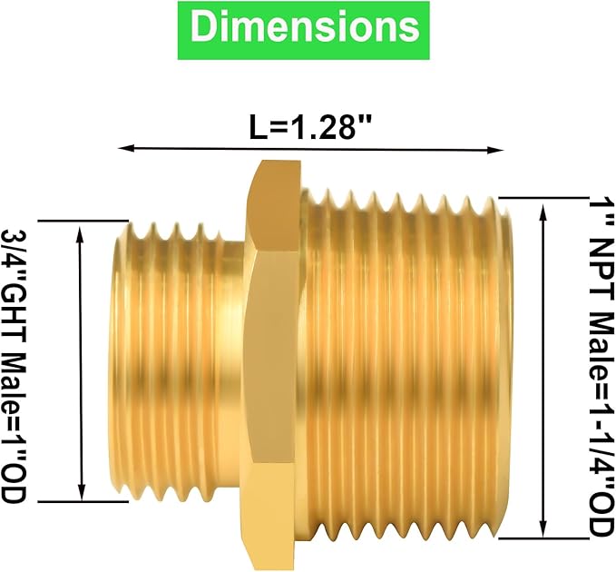 4 PCS 3/4" GHT Male x 1" NPT Male Garden Hose Adapters, Brass Garden Hose Repair Fittings, Water Hose Connector
