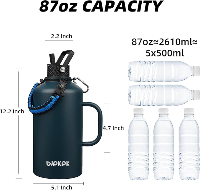 BJPKPK 2/3 Gallon Water Bottle Insulated with Straw Lid, 87oz Large, Stainless Steel Water Bottles with 3 Lids and Paracord Strap, Double Wall Vacuum Metal Water Jug,Navy Blue