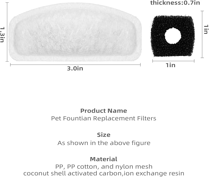 12 Pack Replacement Filters for D30 67oz/2L Automatic Pet Fountain, Carbon Cat Water Fountain Filters, Triple Filtration Pet Fountain Filter Replacement (6Pcs Pump Filters)