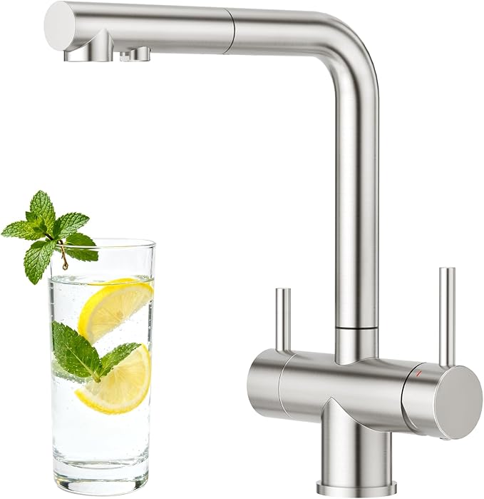 CREA 3 Way Kitchen Faucet with Pull Down Sprayer Built-in Drinking Water Faucet Spout for Bar Sink Purifier Water Filter,Single Hole Double Handles Brushed Nickel Stainless Steel