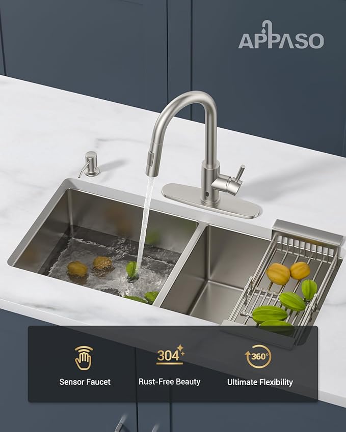 APPASO Touchless Kitchen Faucet with Soap Dispenser, S304 Stainless Steel Modern Motion Sensor Sink Faucets with Pull Down Sprayer 2 Modes and Deck Plate, Activated Smart Hands Free
