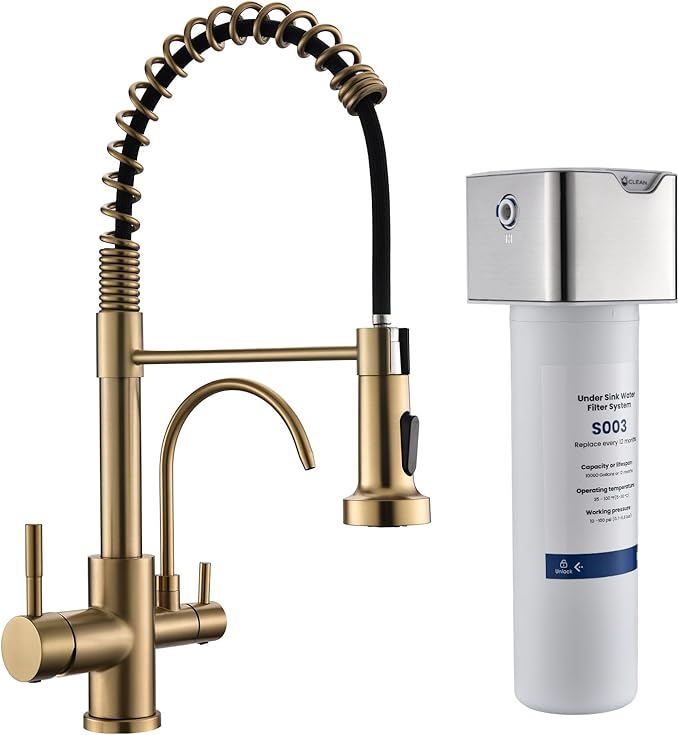 GIMILI 3 in 1 Kitchen Faucet with Pull Down Sprayer Brushed Gold Two Handle Kitchen Sink Faucet with Under Sink Water Filter System Reduces PFAS, PFOA/PFOS, Lead, Chlorine, Bad Taste & Odor
