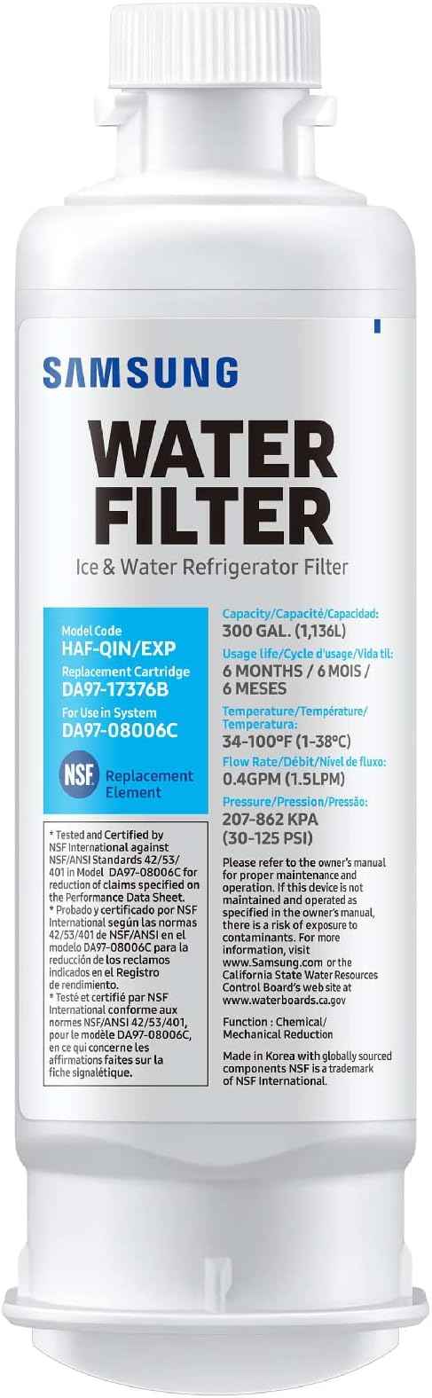 Samsung HAF-QIN-2P/EXP Genuine Refrigerator Water Filter, Reduces 99% of Harmful Contaminants for Clean, Clear Drinking Water, 6-Month Life, Easy Install, Pack of 2