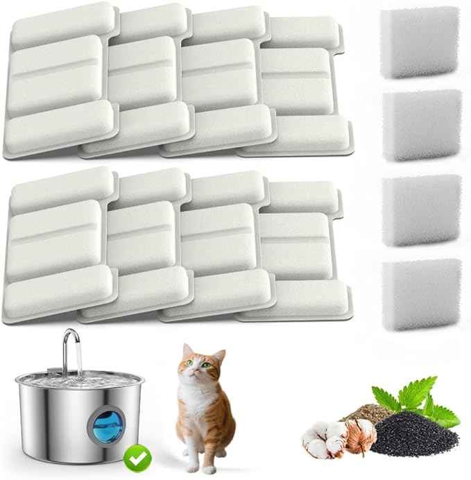 Cat Water Fountain Filters Replacement - 8 Pack Standard + 4 Pack Carbon Filters Compatible with 108oz/3.2L Stainless Steel Quiet Cat Water Dispenser
