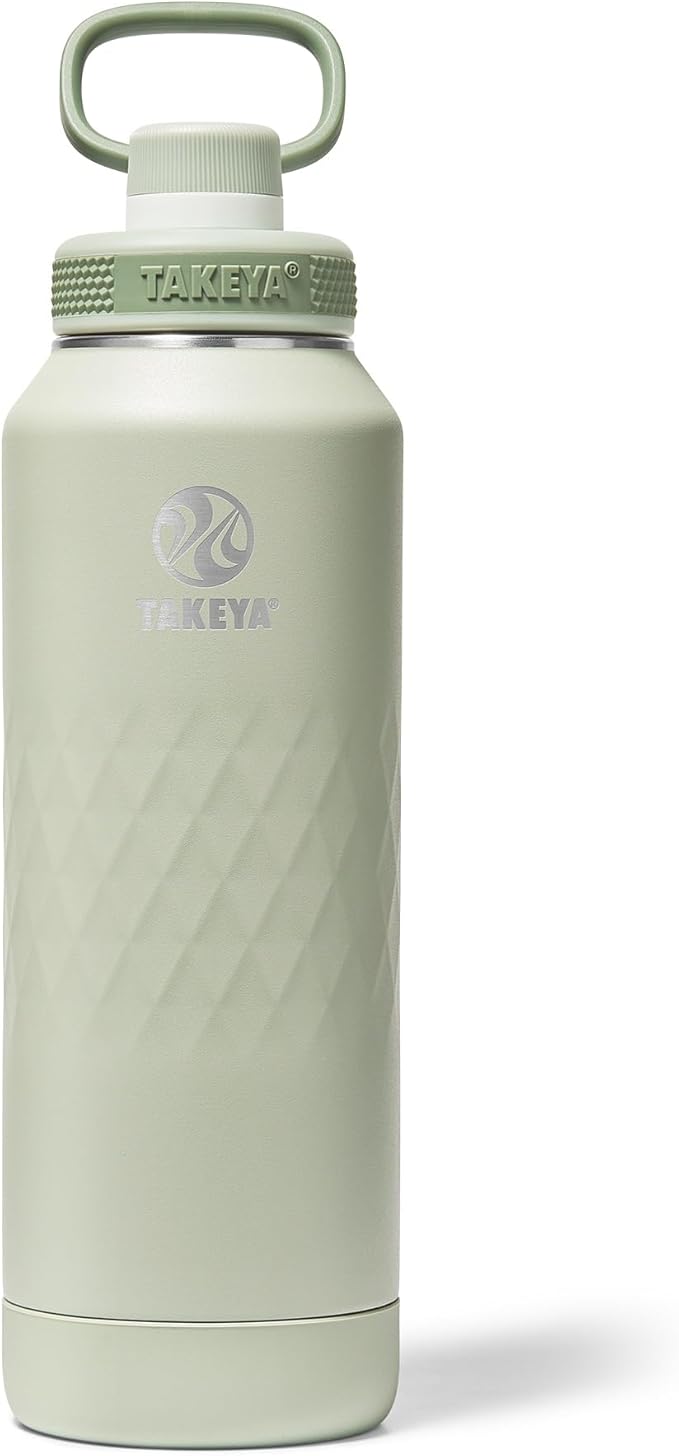 Takeya Sport 40 oz Triple-Insulated Stainless Steel Water Bottle, Spout Lid – Leakproof, Sweatproof, BPA-Free, Keeps Drinks Cold 36 Hrs, Hot 14 Hrs – Eucalyptus