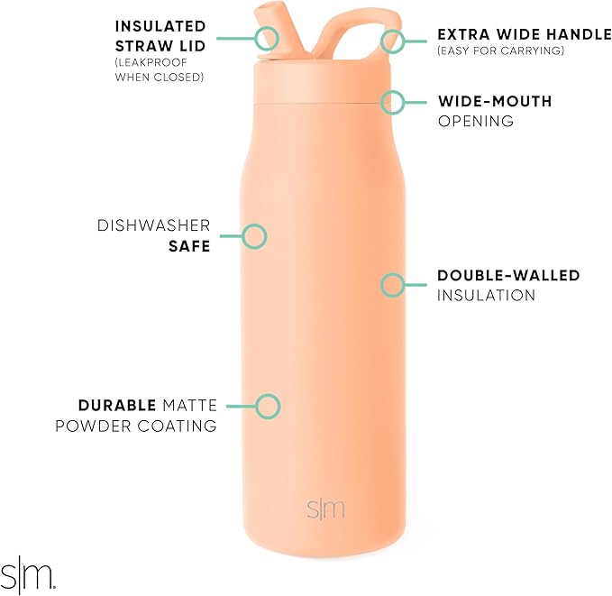 Simple Modern Water Bottle with Straw lid | Insulated Stainless Steel Thermos | Reusable Travel Water Bottles for Gym & Sports | Leak Proof & BPA Free | 34oz, Bellini