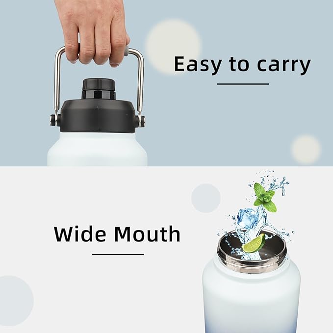 Half Gallon Jug with Handle,64 oz Insulated Water Bottle with Carrying Pouch,Double Wall Vacuum Stainless Steel Metal Bottle,Sky