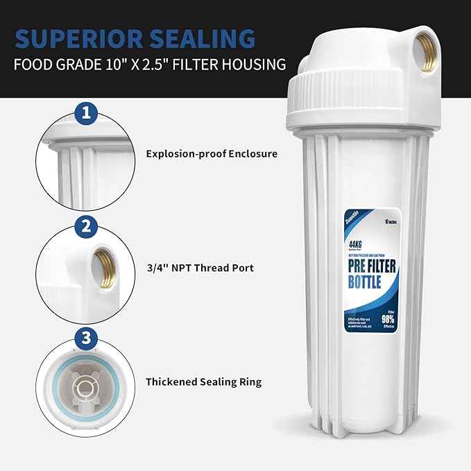 Whole House Water Filter Housing, Fit 10"x2.5" Sediment etc Filters for Well and City Water, Pre-Filtration System for Home, 3/4" Brass Port, Heavy Duty Steel Bracket, 4 Screws, Wrench, 1 Pp Cotton
