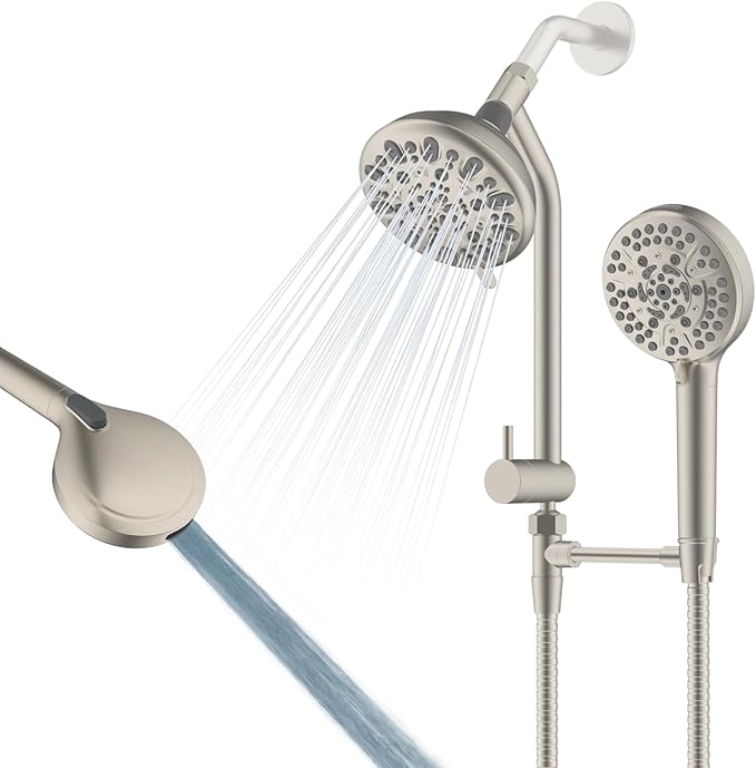 All Metal Dual Shower Head Easy Reach, High Pressure 10-Spray Handheld & Rainfall Shower Head Combo with Shower Extension Arm, 71" Hose, 3-way Diverter, Brass Shower Bracket, Brushed Nickel