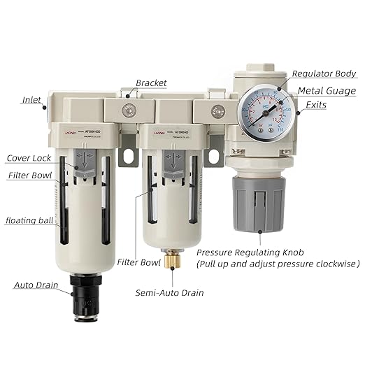 Air Filter Dryer 3/8 NPT Auto Drain+Semi-Auto Drain-Double Air Filters,Air Pressure Regulator,Air Compressor Water Separator(0-150PSI) - AquaVibe