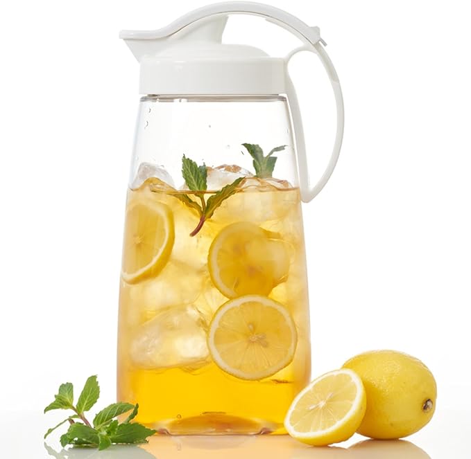 One-Touch Airtight Pitcher with Lid, 2.3QT (74oz) – Heat Resistant, Leakproof Quickpour Jug for Hot & Cold Drinks, Coffee, Tea, Water, Space-Saving, Dishwasher Safe, Made in Japan