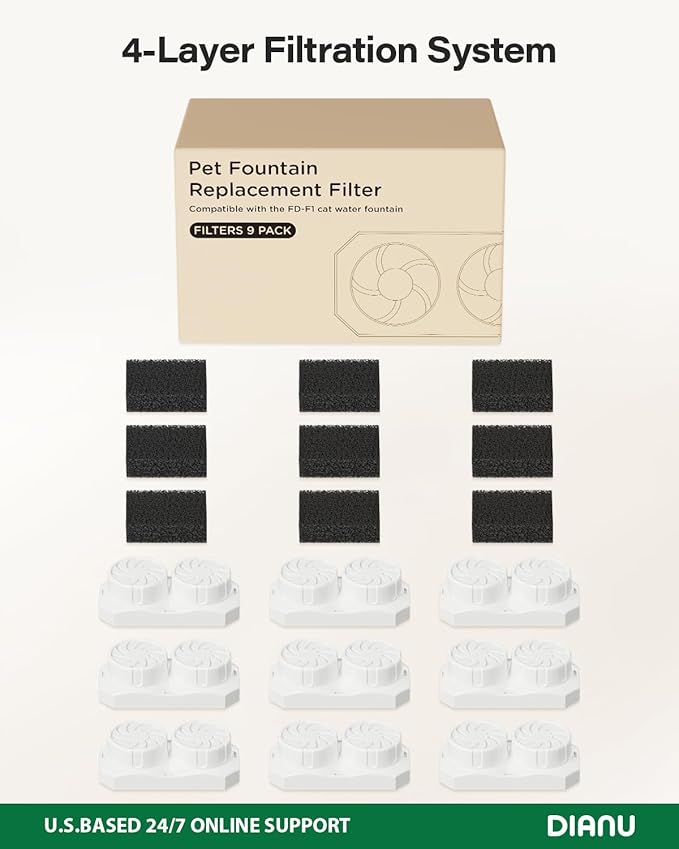 DIANU Official Cat Water Fountain Replacement Filters & Pre-Filter Sponges for 3.2L/108oz Stainless Steel Pet Fountain (9 Pack)