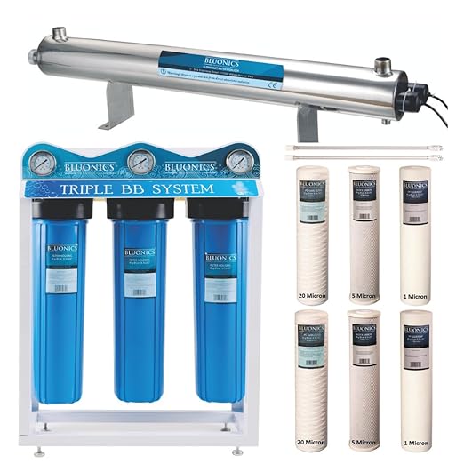 Bluonics Complete Whole House Well Water Filtration System – 24 GPM 110W UV Purifier with Triple 4.5" x 20" Housings, Carbon Filters, and Extra Filter Set