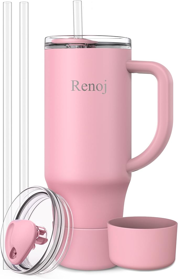 Renoj Tumbler with Handle 100% Spill Resistant Insulated Water Bottle for Iced Coffee & Hot Drinks - Fits Car Cup Holder, Ideal Gift, 2 Straws & Silicone Boot BPA-Free - FlexSlide Pink 32 oz