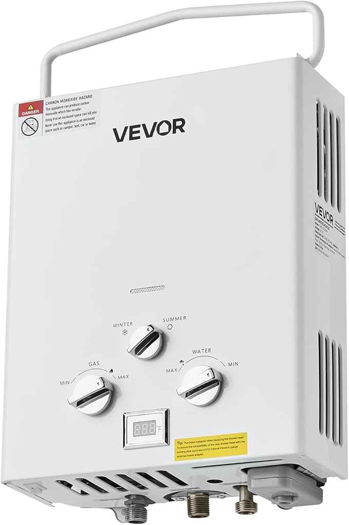 VEVOR 6L Portable Propane Water Heater, 41000 BTU 1.58 GPM Tankless Outdoor Instant Hot Water Heater, LED Screen, Overheat Protection with Accessory Set + Regulator for RV Camping Trips Cabins Barns