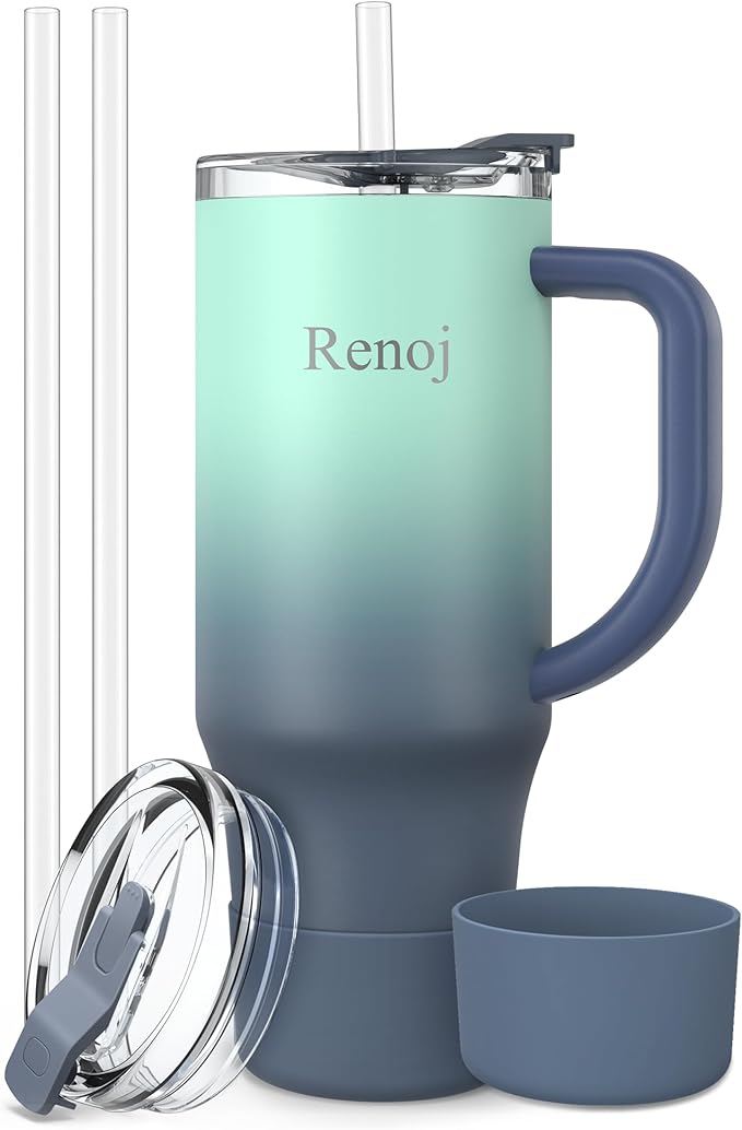 Renoj Tumbler with Handle 100% Leak Proof Insulated Water Bottle for Iced Coffee & Hot Drinks - Fits Car Cup Holder, Ideal Gift, 2 Straws & Silicone Boot BPA-Free - SnapShift Blue Gradient 40 oz