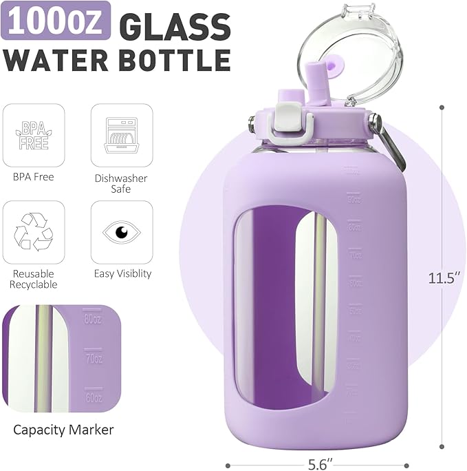 BLUEGO 100 oz Glass Water Bottle with Straw, Huge 3 Liter Water Bottle with Sturdy Handle, Glass Water Jug with Sleeve, Wide Mouth Water Container with Time Marker, Purple