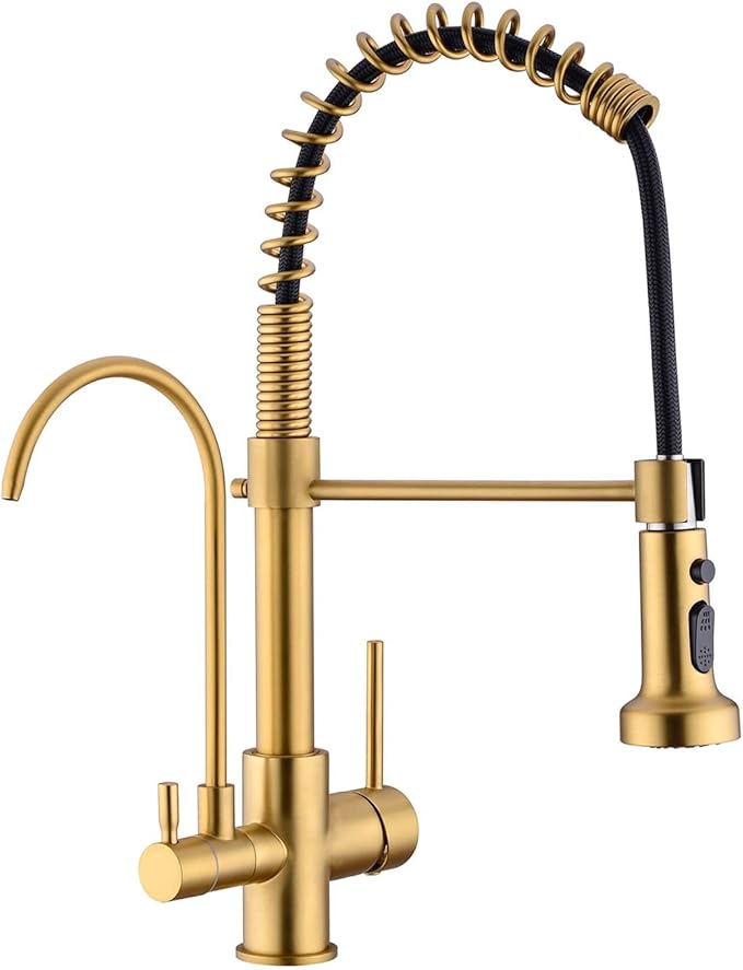 Commercial 3 in 1 Spring Brushed Gold Kitchen Faucet, High Arc Single Hole Pull Down Sprayer Kitchen Sink Faucet, RO System Water Filter Faucet Integrated into Kitchen Faucet