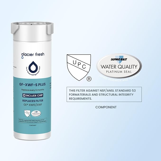 GLACIER FRESH Water Filter Compatible with XWFE (Built-in CHIP), Replacement for GE XWFE, XWF Refrigerator Water Filter NSF/ANSI 53 Certification Pack of 2