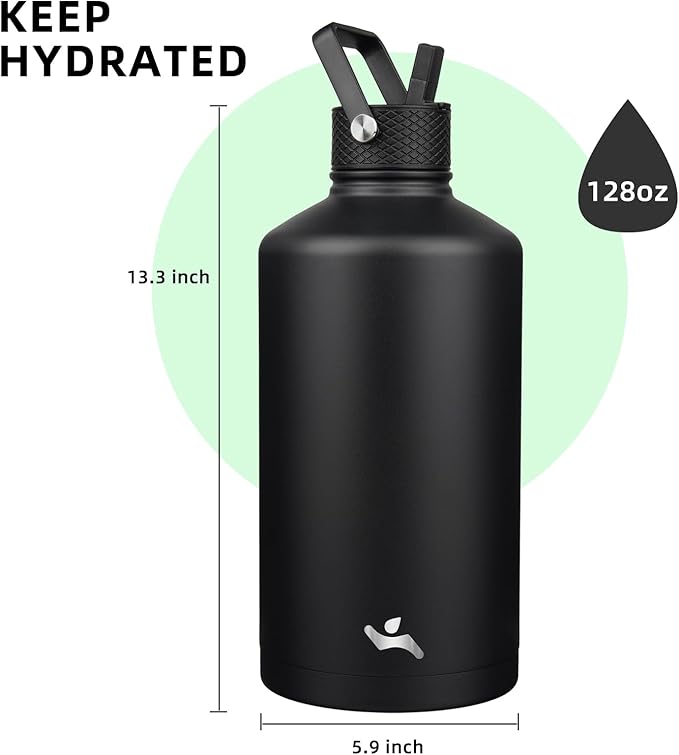 Gallon Insulated Water Bottle with Straw,128 oz 3 Lids Water Jug with Carrying Bag,Paracord Handle, Double Wall Vacuum Stainless Steel Metal Flask,Black