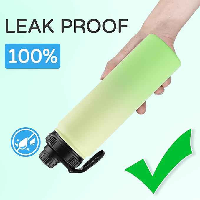 DOMICARE Insulated Water Bottle, 22 oz Vacuum Insulated Stainless Steel Reusable Sports Bottle with Straw Lid & Spout Lid for Travel, Camping, Bike, Leakproof, Green Gradient, 4 Pack