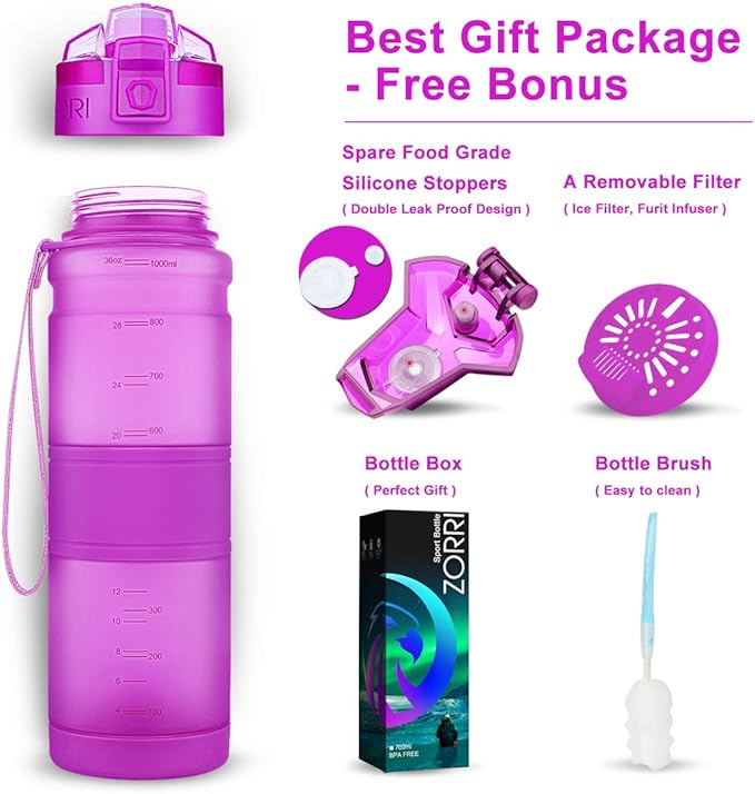 ZORRI Sports Water Bottle, 400/500/700ml/1L, BPA Free Leak Proof Tritan Lightweight Bottles for Outdoors,Camping,Cycling,Fitness,Gym,Yoga- Kids/Adults Drink Bottles with Filter, Lockable Pop Open Lid