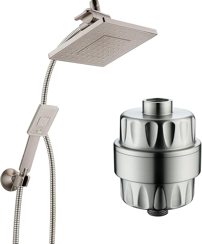 BRIGHT SHOWERS Dual Shower Head Combo Set with High Output Shower Filter for Hard Water, Brushed Nickel