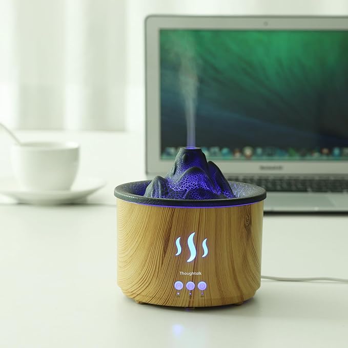 Essential Oil Diffuser for Home, 400ml Aromatherapy Volcano Diffuser, Cool Mist Humidifier with Two Light(Red, Blue), Auto-Off Vaporizer for Large Room Office, Wood Grain Quiet Timer.