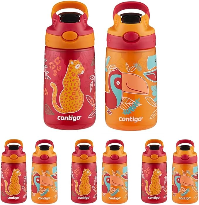 Contigo Aubrey Kids Water Bottle with Silicone Straw and Spill-Proof Lid,14 oz,Cheetahs & Toucans,(Pack of 8)