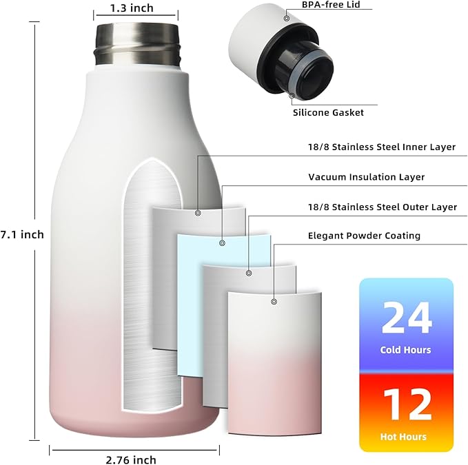 BJPKPK Insulated Water Bottles, 12oz Stainless Steel Metal Water Bottle with Strap, BPA Free Leak Proof Jugs, Mugs, Flasks, Reusable Thermal Flasks for Sports & Travel, Graceful Pink