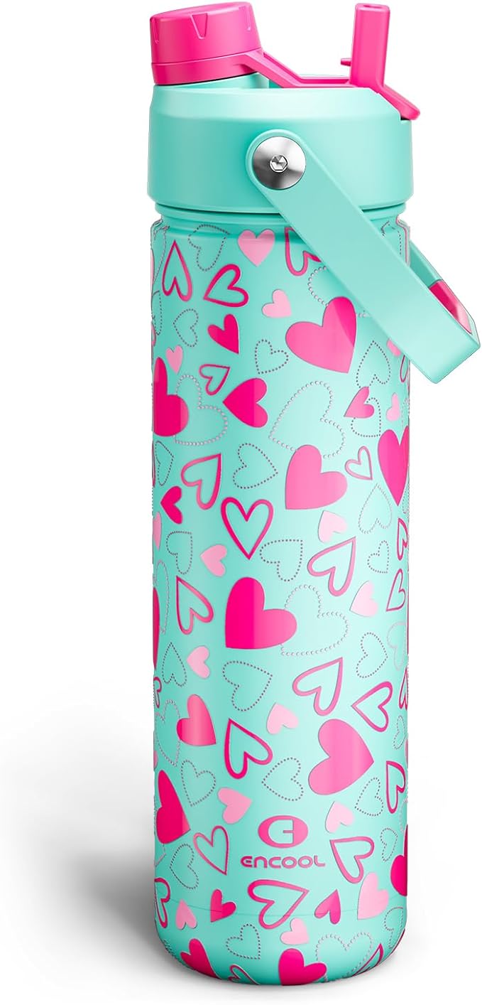 ENCOOL Valentine's Day Insulated Water Bottle with Straw Stainless Steel Water Bottle, Leak-Proof, BPA-Free, Keeps Cold for 24 Hours for Sports, Travel, School (26 oz, Sweet Hearts Pink x Mint)