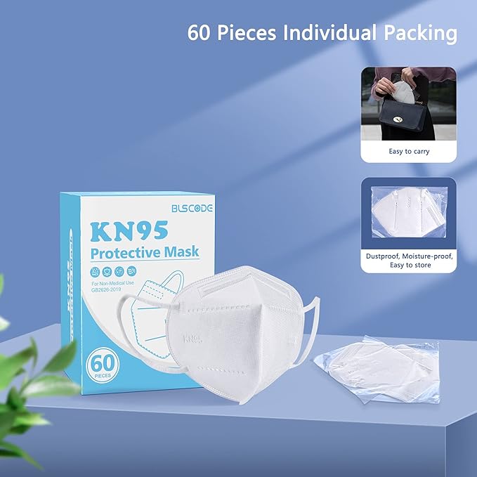 BLScode KN95 Face Mask 60 Pack,Individually Wrapped 5-Layer face Masks,Filter Efficiency≥95% - AquaVibe