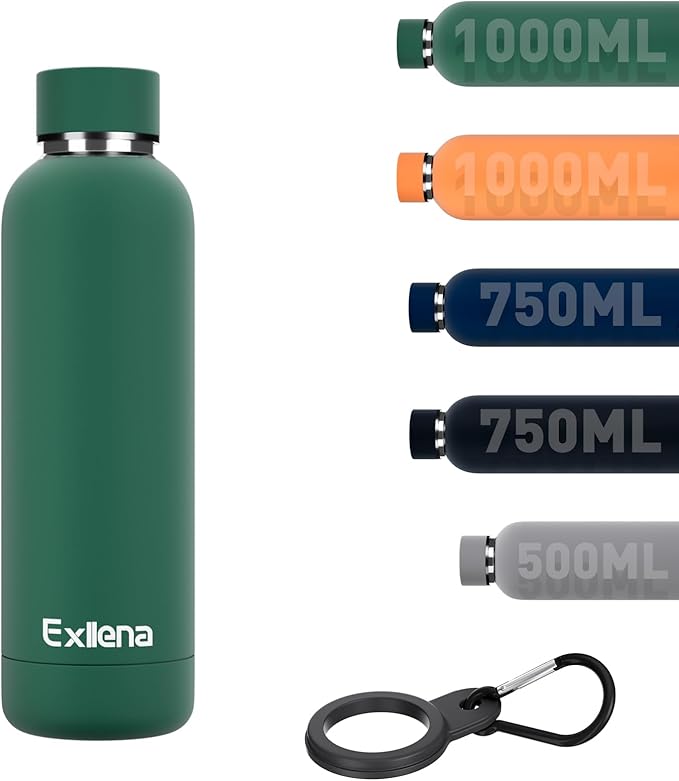 Exllena Slim Insulated Water Bottles for Travel 18oz with Clip, Double Wall Vacuum Stainless Steel Water Bottle Keeps Drinks Cold 24 Hrs/Hot 12 Hrs, 100% Leakproof, BPA Free(Emerald Green)