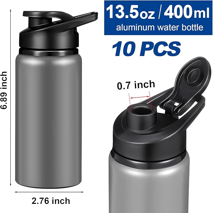 Mimorou 10 Pieces 13.5 oz Reusable Aluminum Water Bottles Bulk Outdoor Sports Water Bottles Multipack Travel Bottles for Gym, Hiking, Cycling, Camping, Fishing, Snap Lid(Gray)