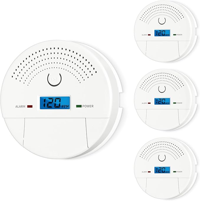 4-Pack, 2-in-1 Smoke and Carbon Monoxide Detector Combo, Battery Operated CO & Smoke Fire Alarm Carbon Monoxide Detectors with LCD Display for Home, Easy to Install