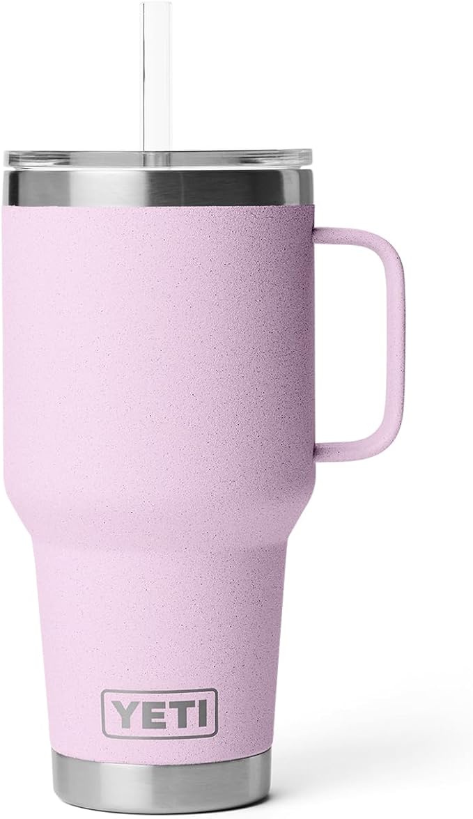 YETI Rambler 35 oz Tumbler with Handle and Straw Lid, Travel Mug Water Tumbler, Vacuum Insulated Cup with Handle, Stainless Steel, Cherry Blossom - Textured