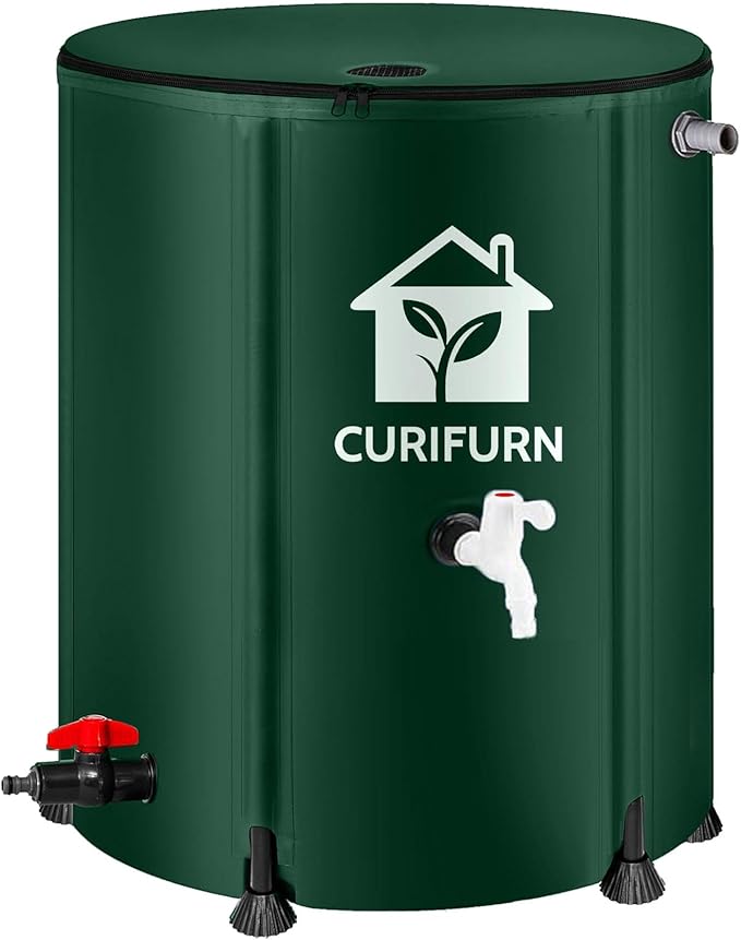 53 Gallon Rain Water Barrel, Portable Rainwater Collect System Water Storage Tank Collapsible Rain Barrel with Filter, Spigot & Overflow Kit (Reinforced Liner+Thickened Legs) - Green