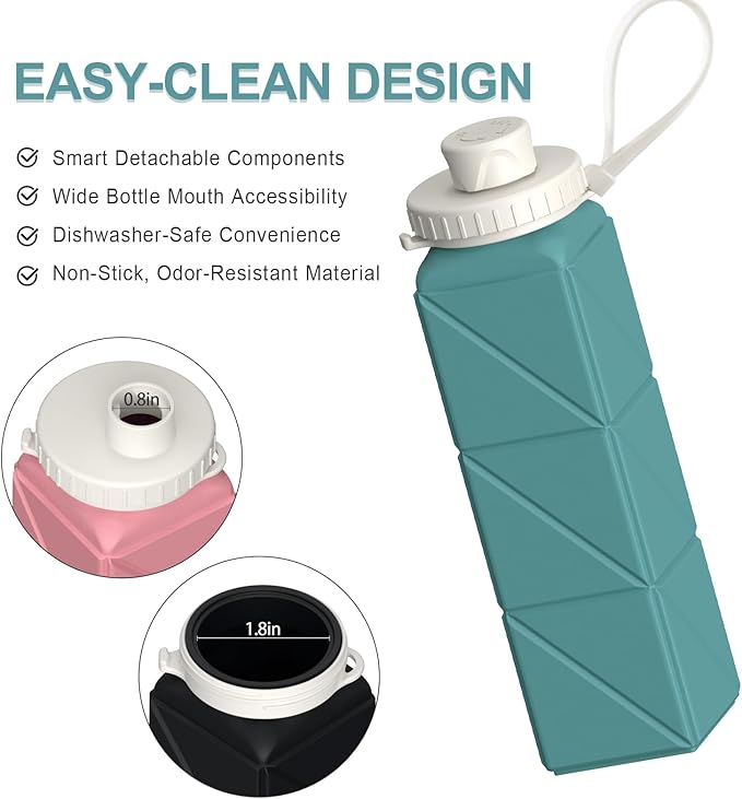 Collapsible Water Bottles 20.6oz 2 Pack, Silicone Foldable Portable Travel Water Bottle, BPA-free, Reusable Leakproof for Traveling Camping Hiking Cycling Sports Outdoor (Blue+Pink)