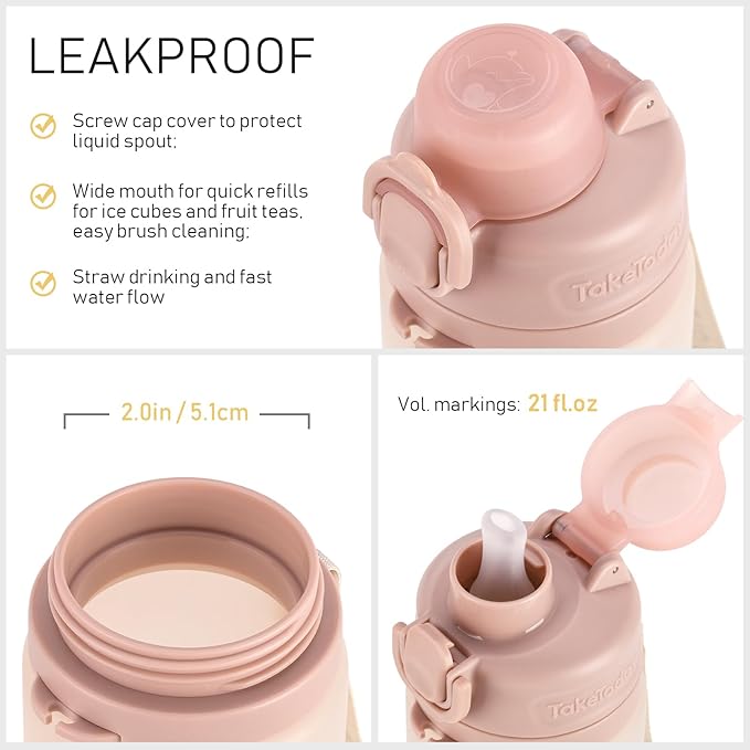 TakeToday Collapsible Water Bottles 20oz (600mL), Foldable Platinum Silicone Travel Water Bottle with Straw & Carry Strap, Leak-Resistant Screw Lid, Wide Mouth, BPA-Free for Hiking, Camping, Travel