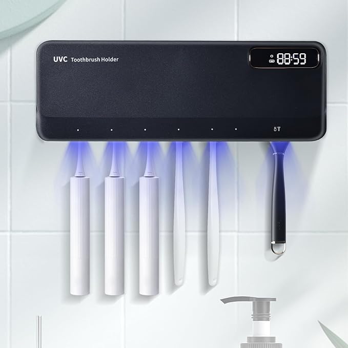 ZOZOO UV Toothbrush Sanitizeri Holder with 99.9% Cleaning,Air Dry,Heating,5+1+1 Slots,12 Hour Memory,Rechargeable Wall Mounted Strong Adhesive Toothbrush Holder with Cover for Bathroom(Black)